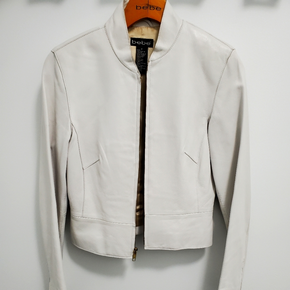Bebe cream colored cropped leather coat.  Size P